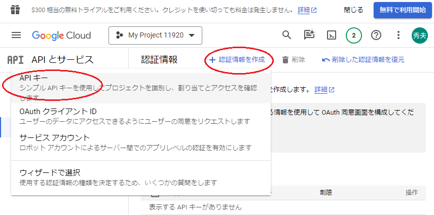 APIキーをクリック